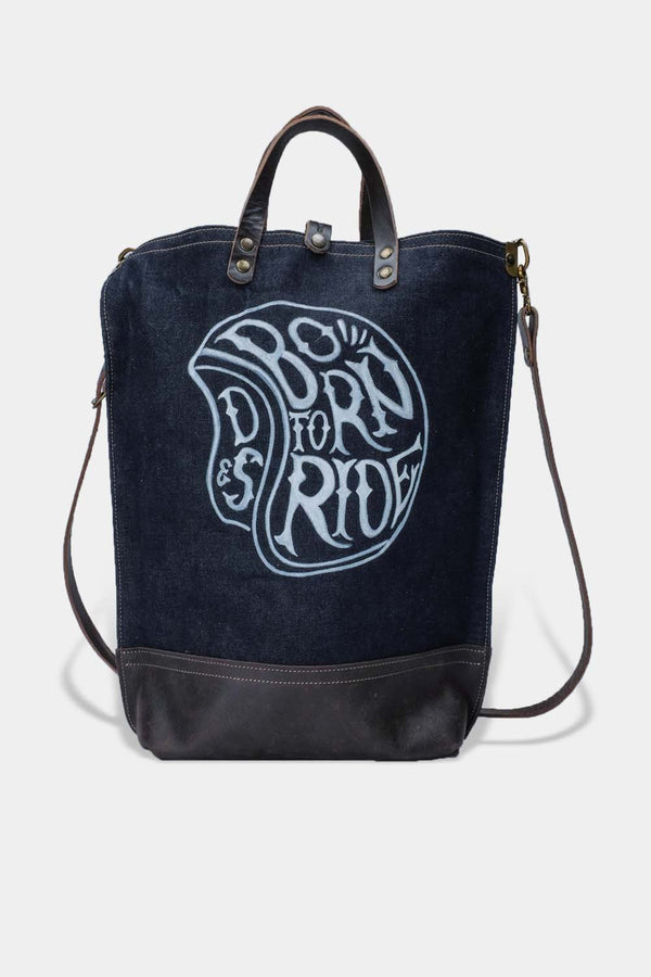 selvedge denim tote bag, hand drawn logo born to ride back