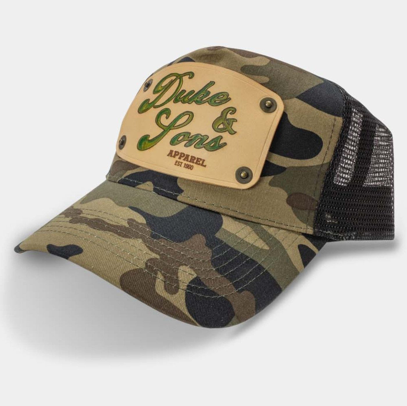 Camo trucker cap with handmade leather patch apparel | Duke and Sons Leather