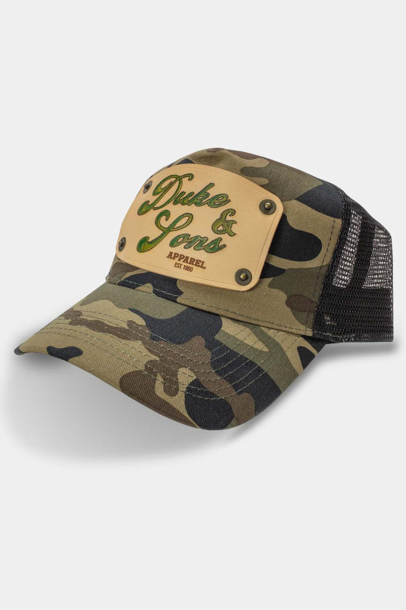Camo trucker cap with handmade leather patch apparel | Duke and Sons Leather