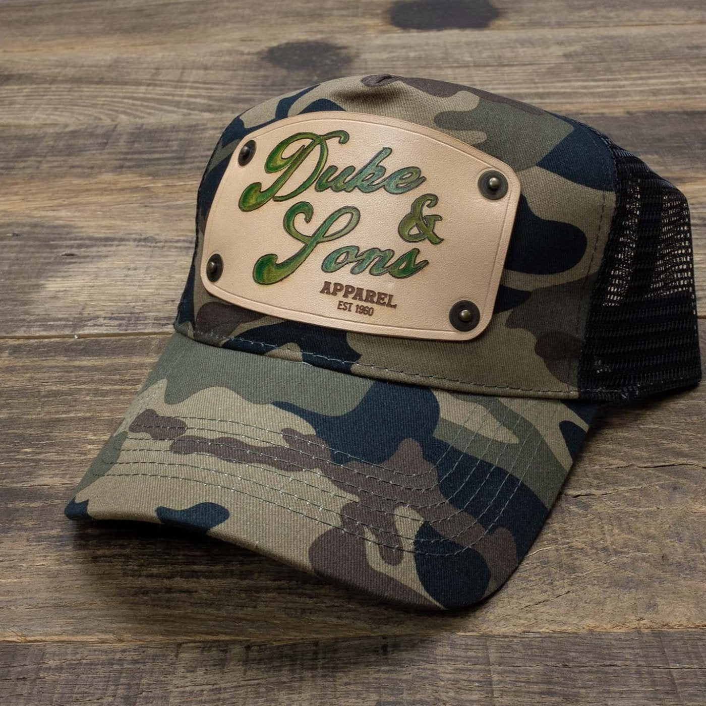 Camo trucker cap with handmade leather patch apparel | Duke and Sons Leather