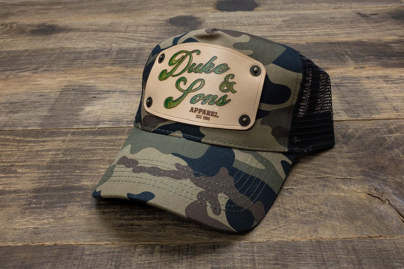 Camo trucker cap with handmade leather patch apparel | Duke and Sons Leather