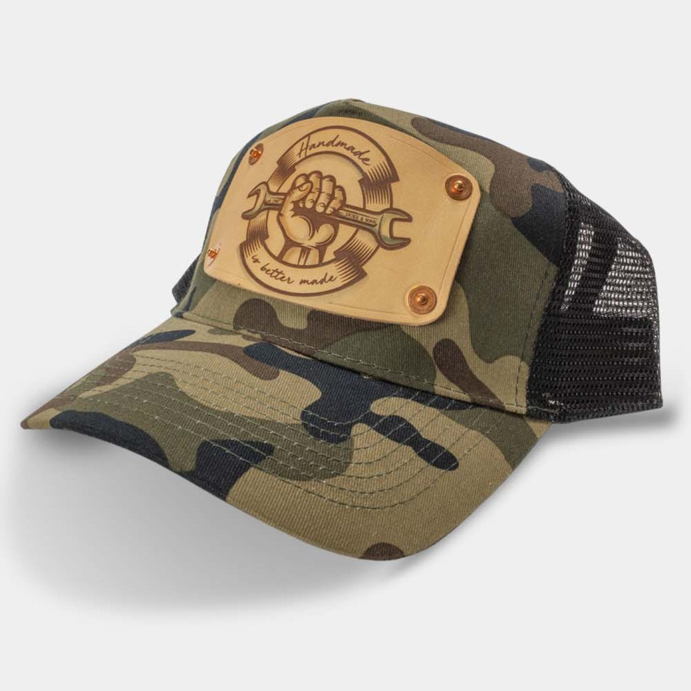 Camo trucker cap with handmade leather patch spanner | Duke and Sons Leather