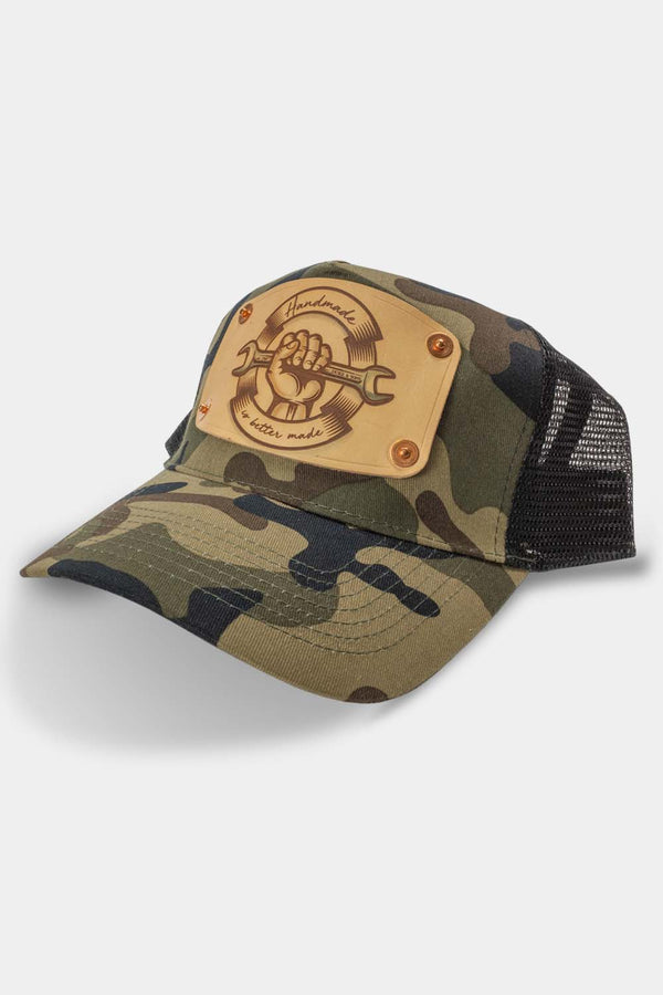 Camo trucker cap with handmade leather patch spanner | Duke and Sons Leather