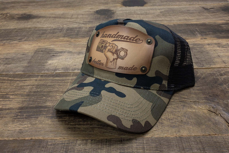 Camo trucker cap with handmade leather patch piston | Duke and Sons Leather