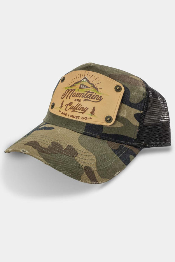 vintage Camo trucker cap with handmade leather patch mountain | Duke and Sons Leather