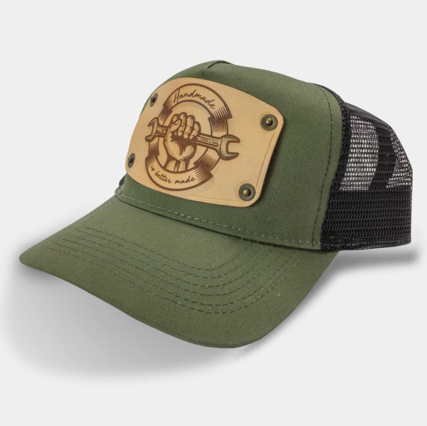 Green trucker cap with handmade leather patch spanner | Duke and Sons Leather