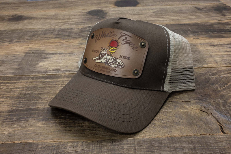 brown trucker cap with handmade leather patch white tiger | Duke and Sons Leather
