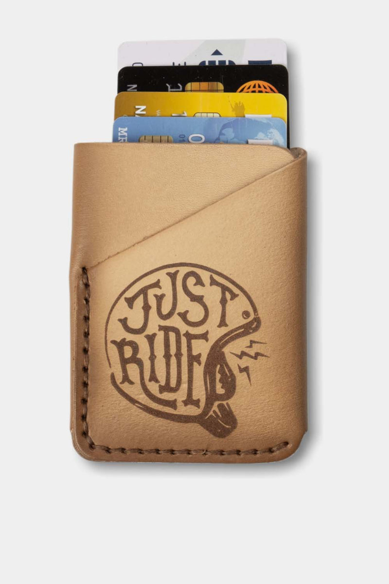 folded pocket wallet, airbrushed, natural leather 'Just Ride' front with cards