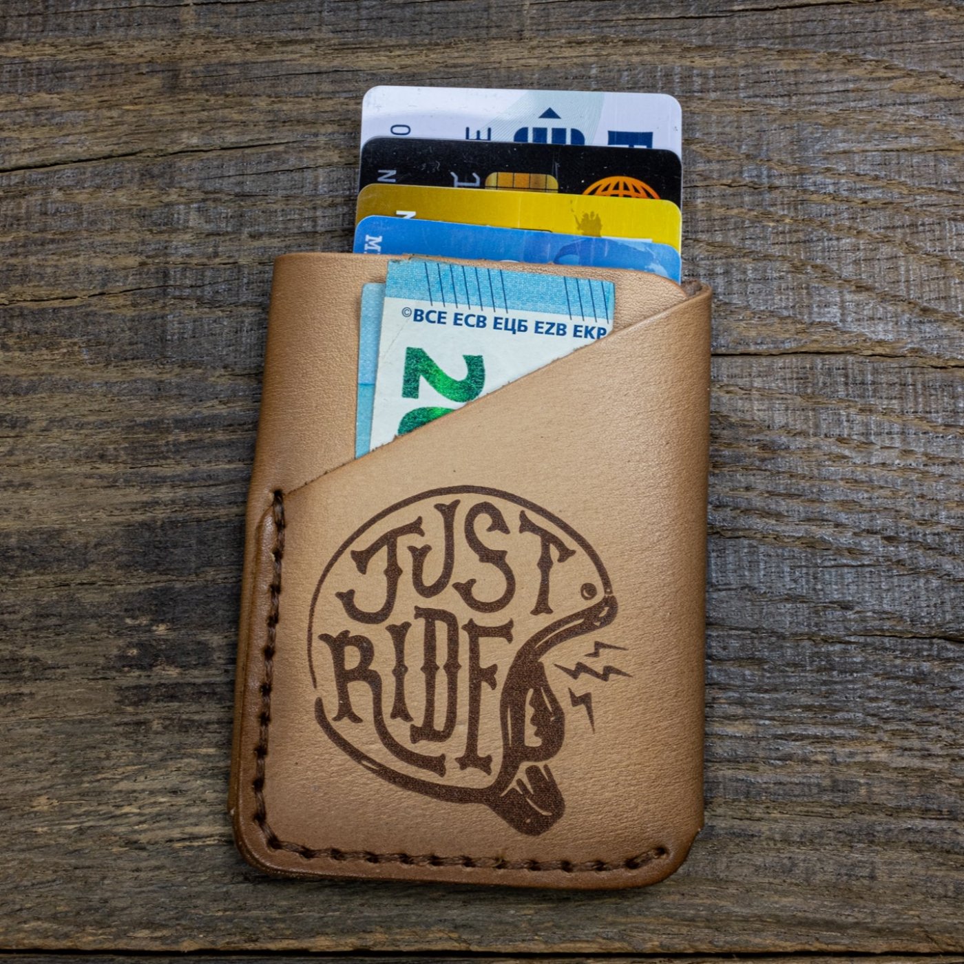 folded pocket wallet, airbrushed, natural leather 'Just Ride' front scene