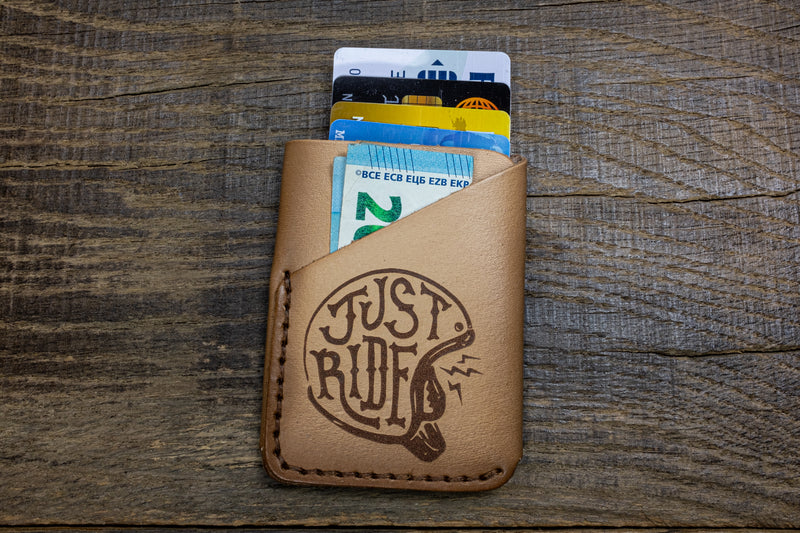 folded pocket wallet, airbrushed, natural leather 'Just Ride' front scene