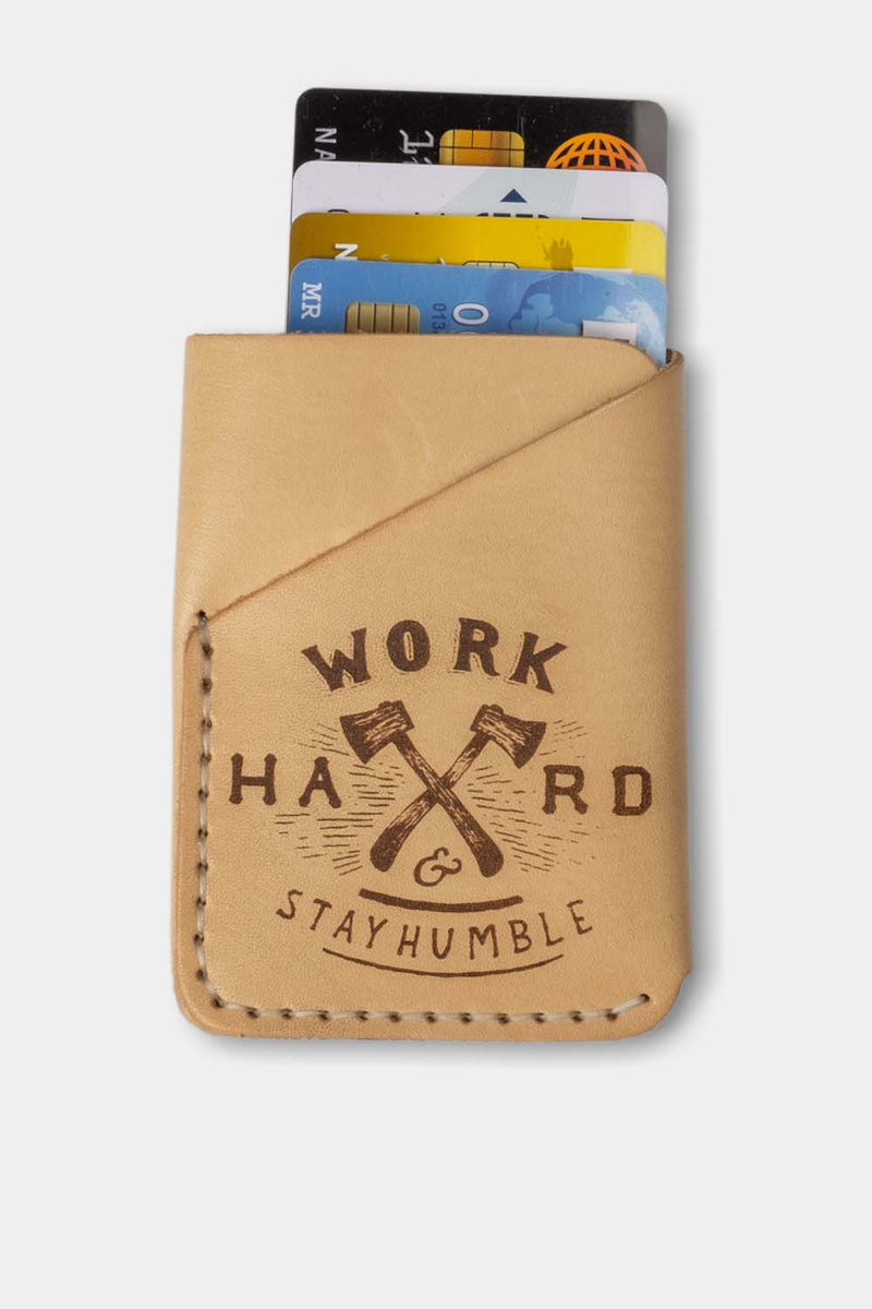 folded pocket wallet, natural leather 'Work Hard' front with cards