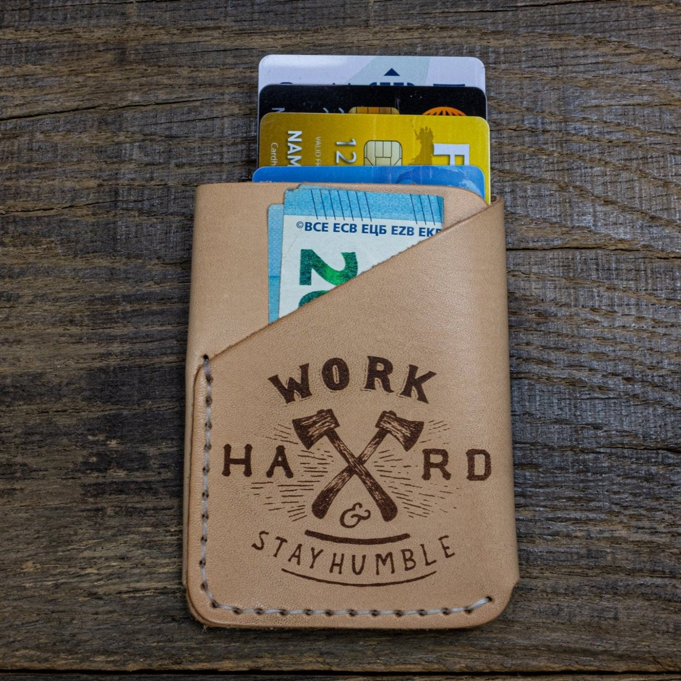 folded pocket wallet, natural leather 'Work Hard' front scene