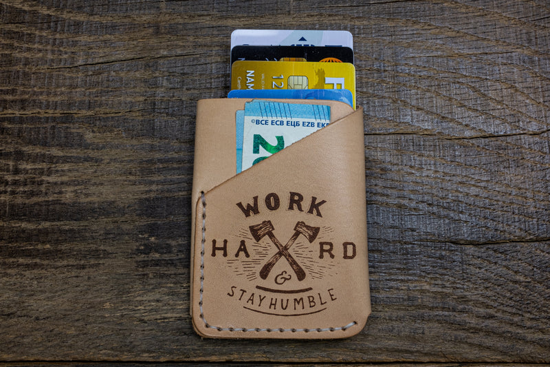 folded pocket wallet, natural leather 'Work Hard' front scene