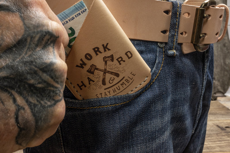 folded pocket wallet, natural leather 'Work Hard' front pocket