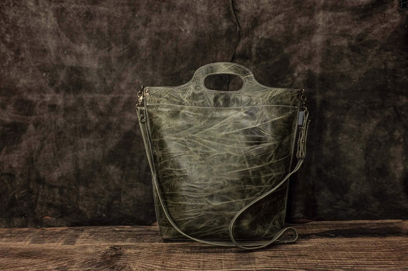 Handmade green leather tote bag scene back