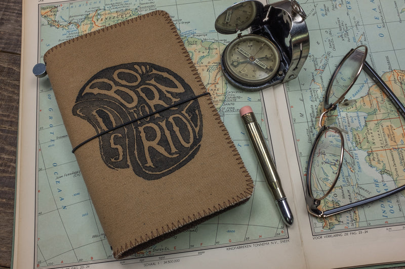 Duke and Sons traveler's notebook 'Born to Ride' logo canvas cover scene 1