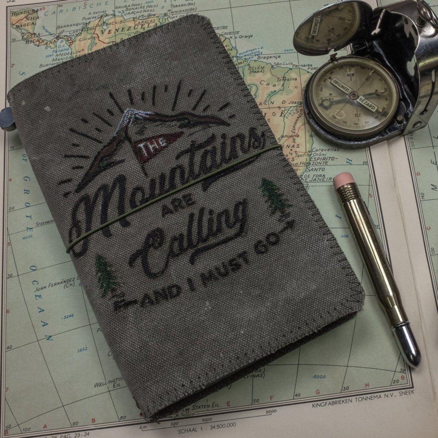 Duke and Sons traveler's notebook 'Mountains' logo canvas cover scene