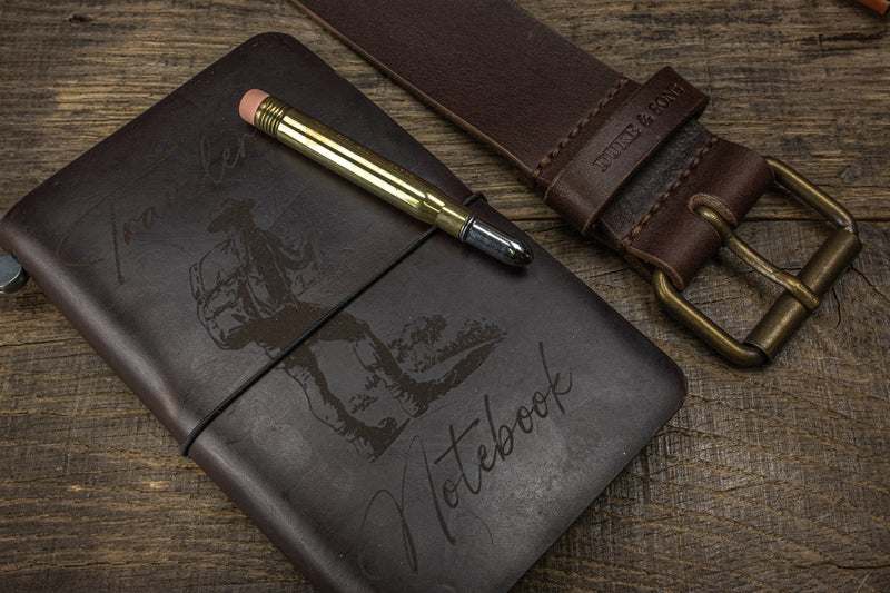 Duke and Sons horween leather Traveler notebook with logo scene with belt