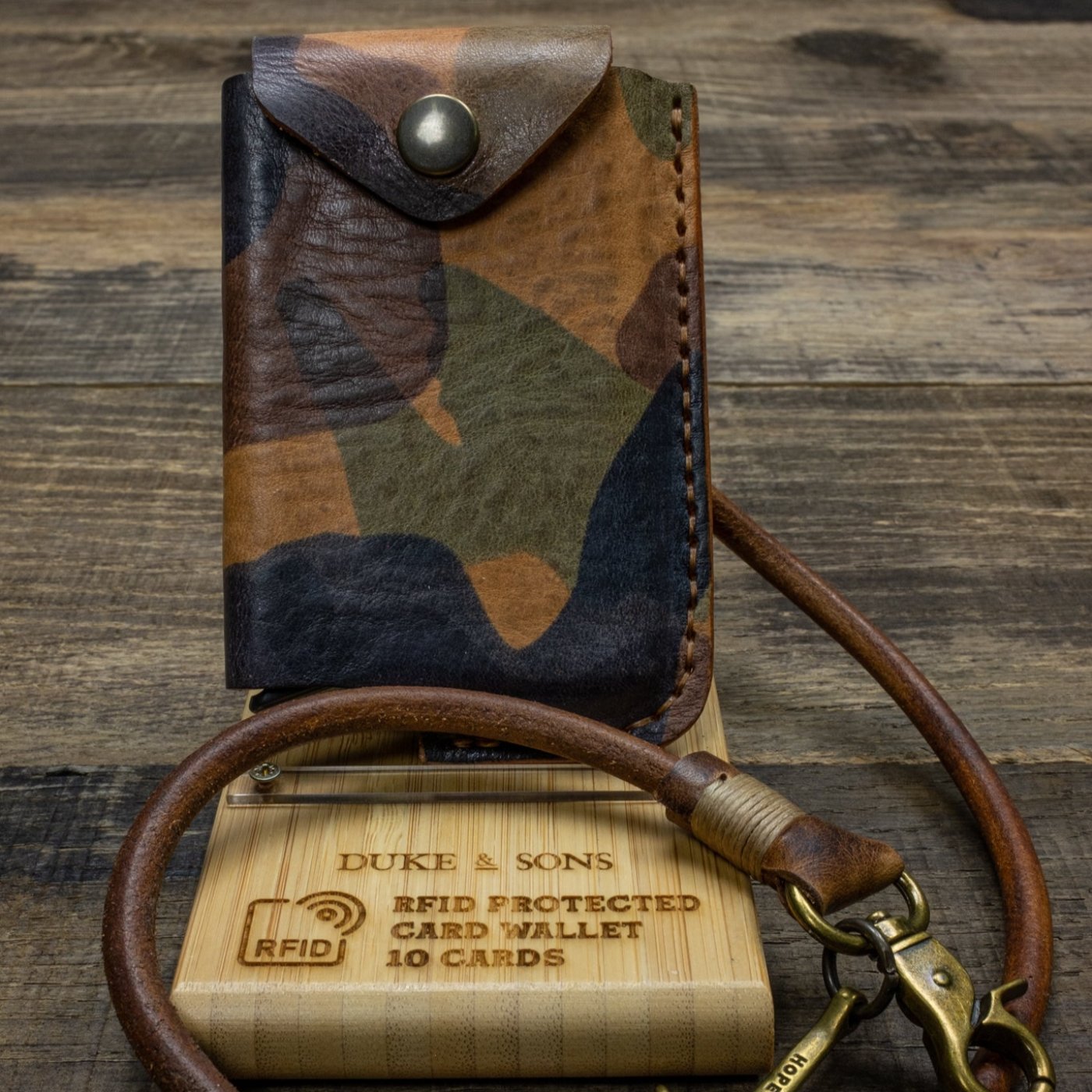 Duke and Sons RFID protected camo leather Rider wallet closed display