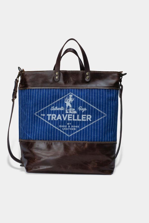 handmade leather and Wabash tote bag with Traveller image front