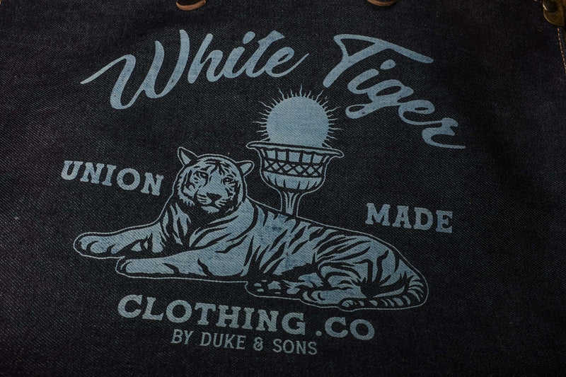 detail logo selvedge denim tote bag, laser engraved logo White Tiger 