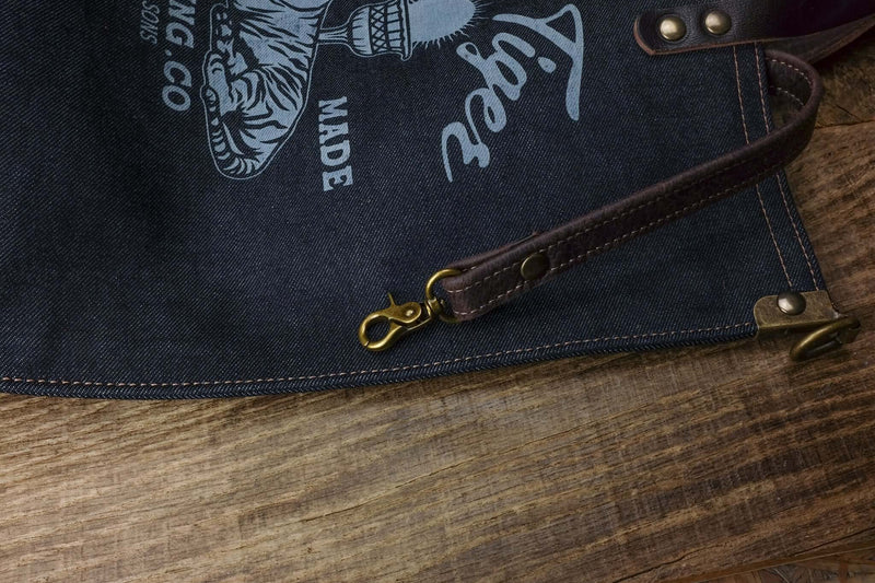 detail inside keychain selvedge denim tote bag, laser engraved logo White Tiger 