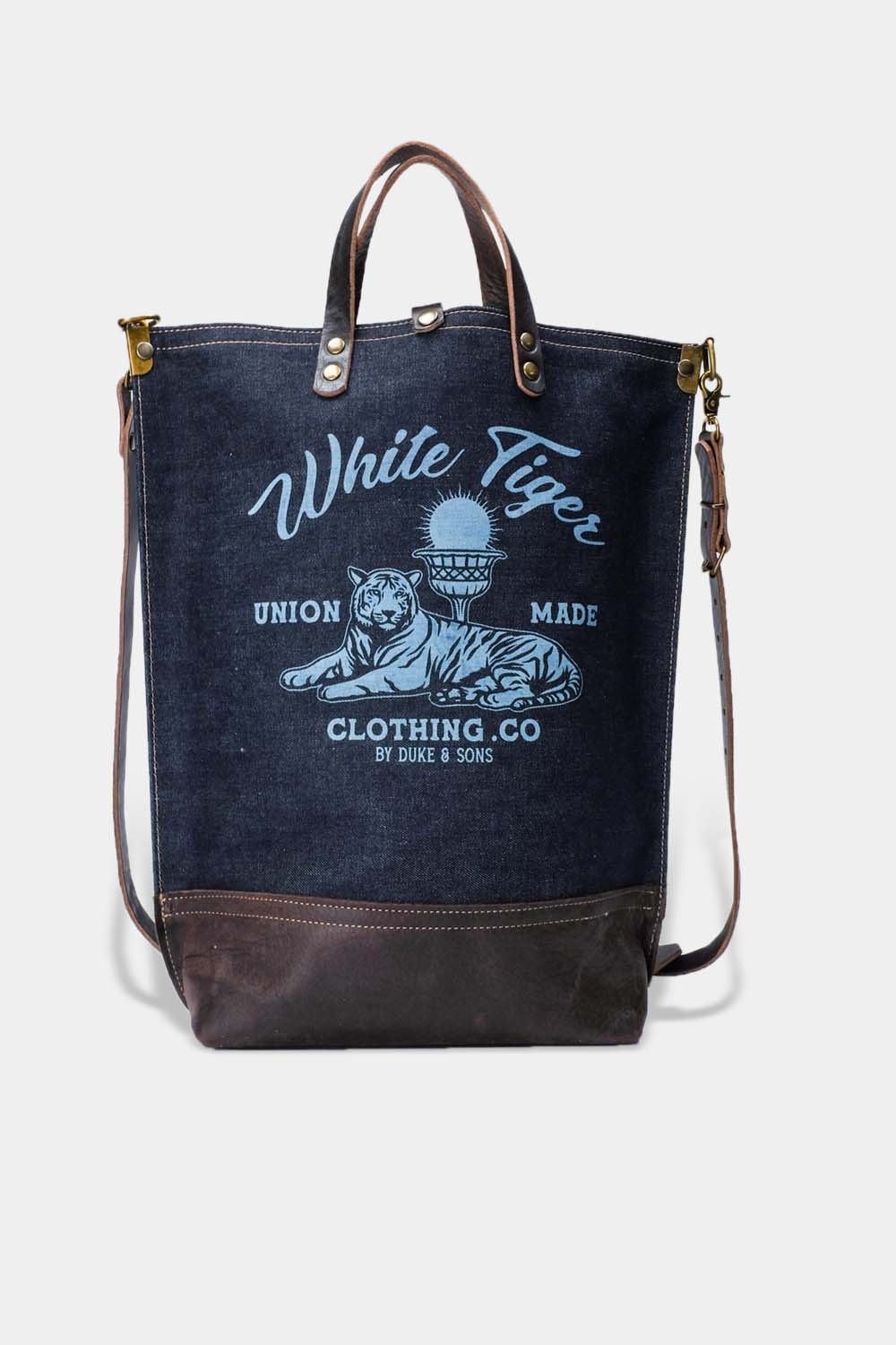 selvedge denim tote bag, laser engraved logo White Tiger front