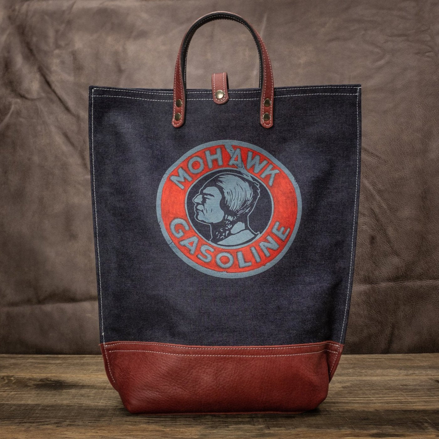 selvedge denim tote bag, Mohawk Gasoline front scene