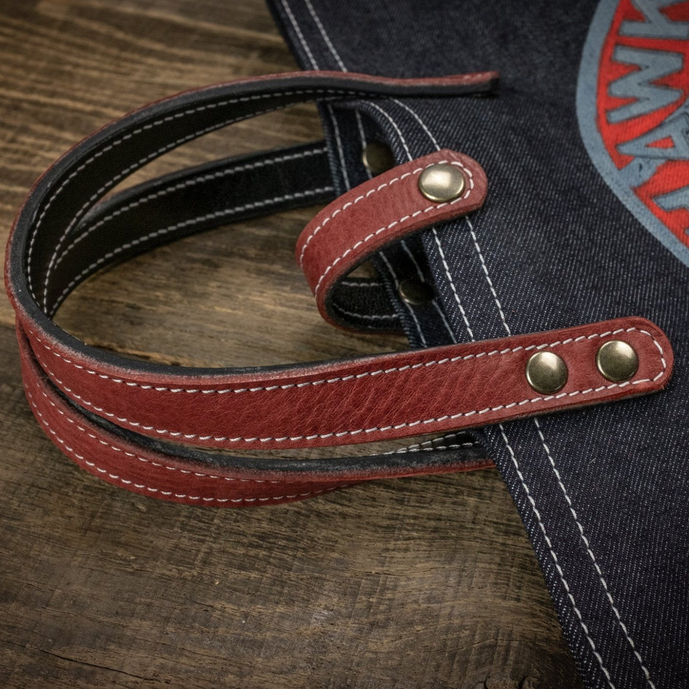 selvedge denim tote bag, Mohawk Gasoline handles detail