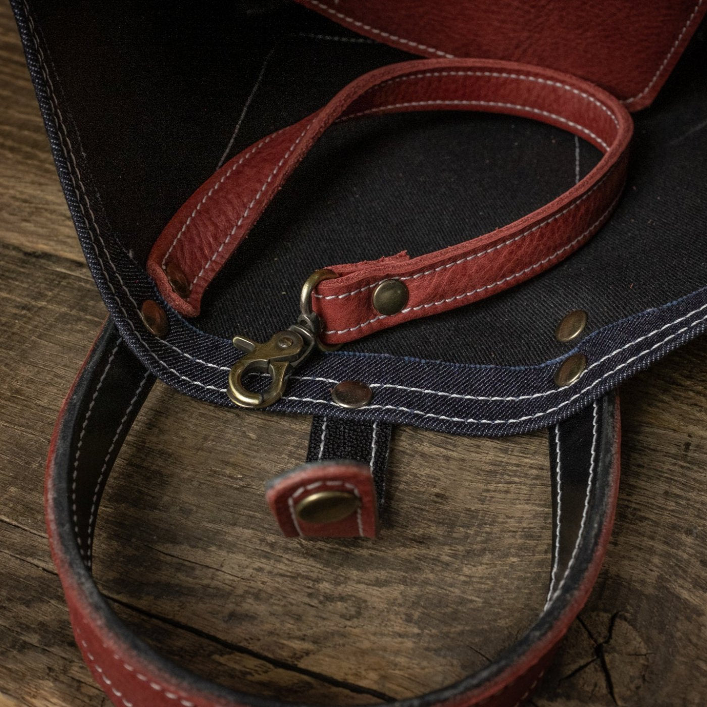 selvedge denim tote bag, Mohawk Gasoline key strap detail