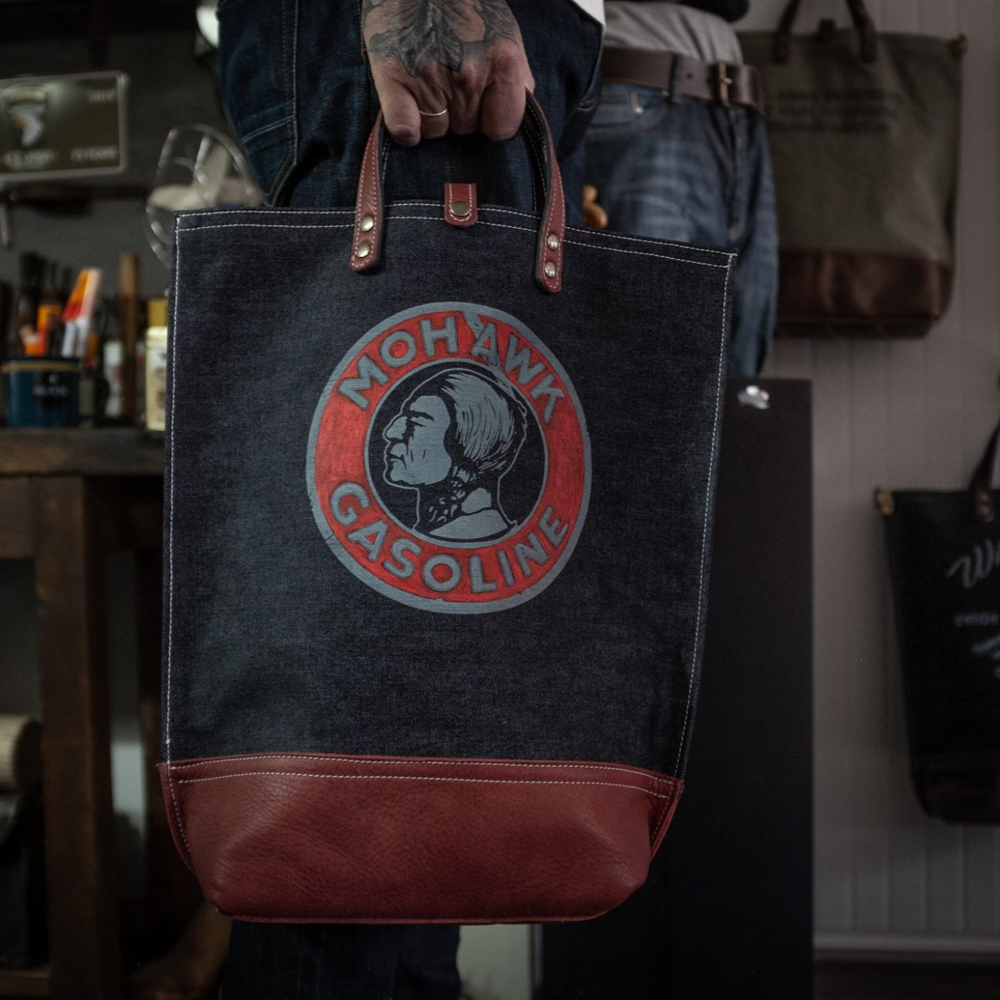 selvedge denim tote bag, Mohawk Gasoline wearing