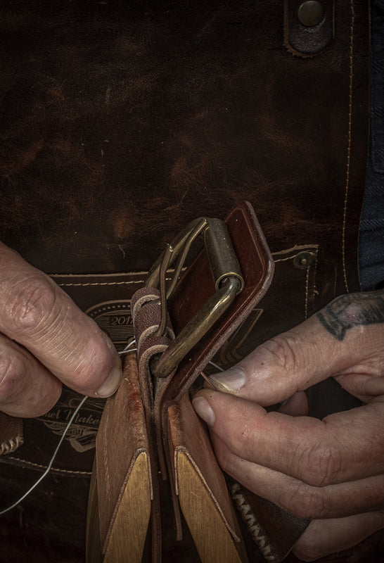 Hand stitching the Duke and Sons leather Heavy Duty Belt