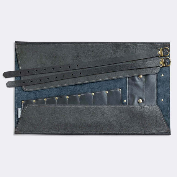 Tool Roll, black leather, with pocket and 2 leather straps. - Duke & Sons Leather