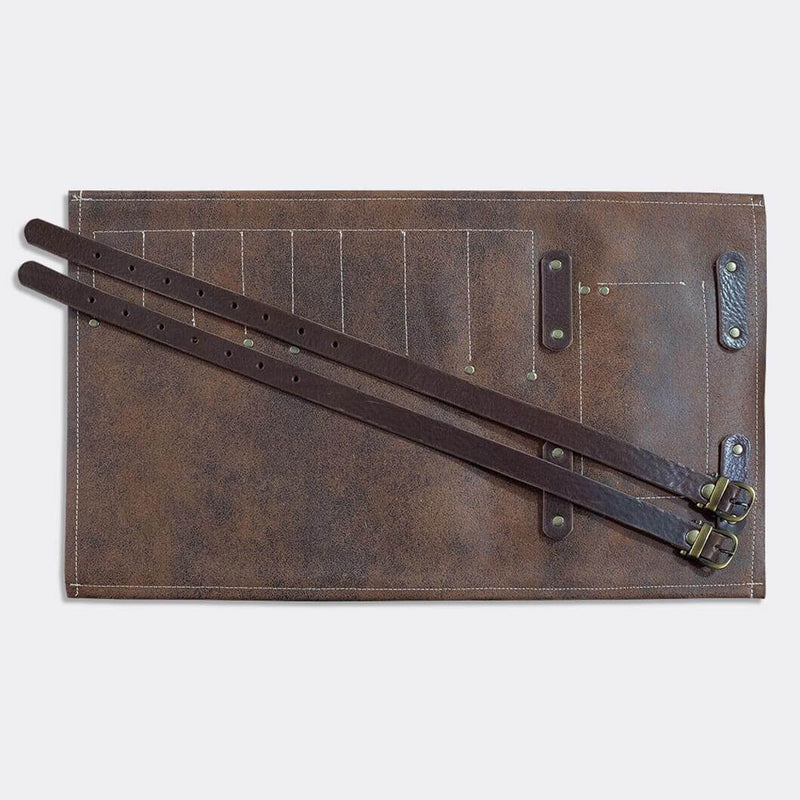 Tool Roll, brown leather, with pocket and 2 leather straps. - Duke & Sons Leather