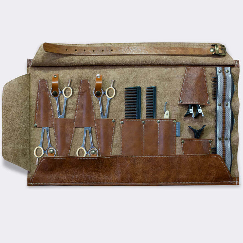 Barber- Hairdresser leather tool roll, in cognac leather  (with name tag) - Duke & Sons Leather