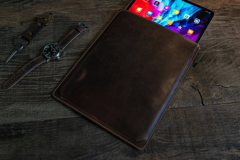 iPad Pro sleeve, pull up leather with fabric lining, brown color - Duke & Sons Leather