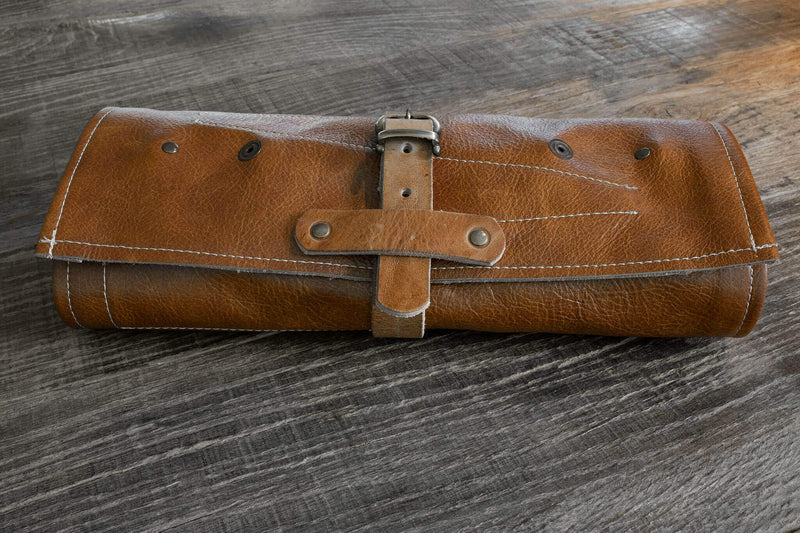 Barber- Hairdresser leather tool roll, in cognac leather | closed - Duke & Sons Leather