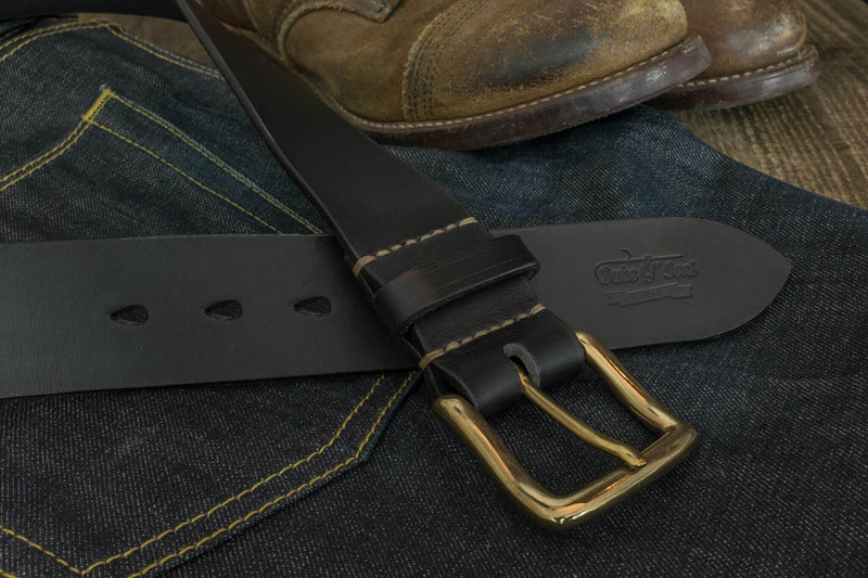 Belt, black color, vegetan leather, hand stitched. solid brass buckle, 40mm (1.57") - Duke & Sons Leather