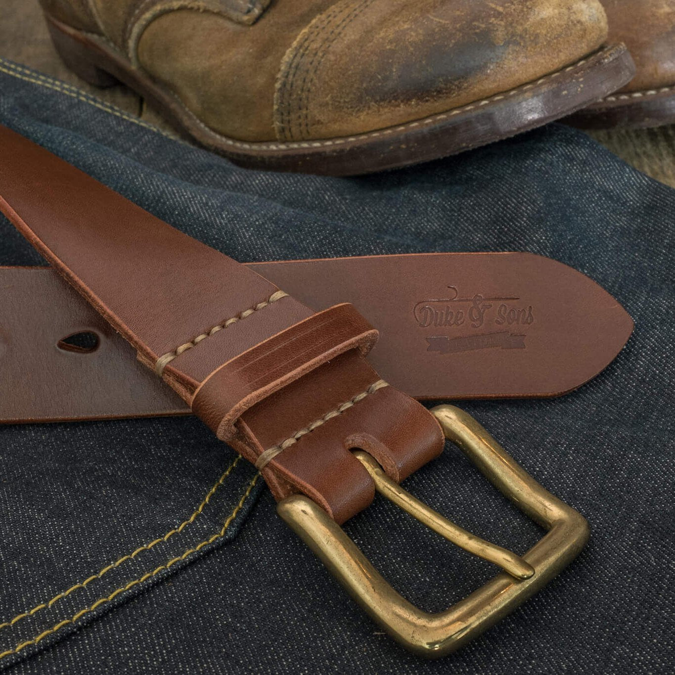 Belt, red brown color, vegetan leather, hand stitched. solid brass buckle, 40mm (1.57") - Duke & Sons Leather