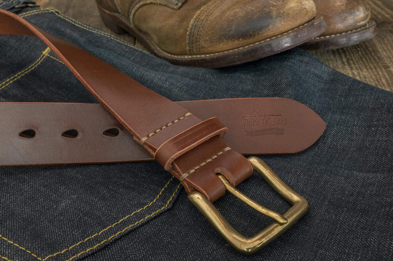 Belt, red brown color, vegetan leather, hand stitched. solid brass buckle, 40mm (1.57") - Duke & Sons Leather