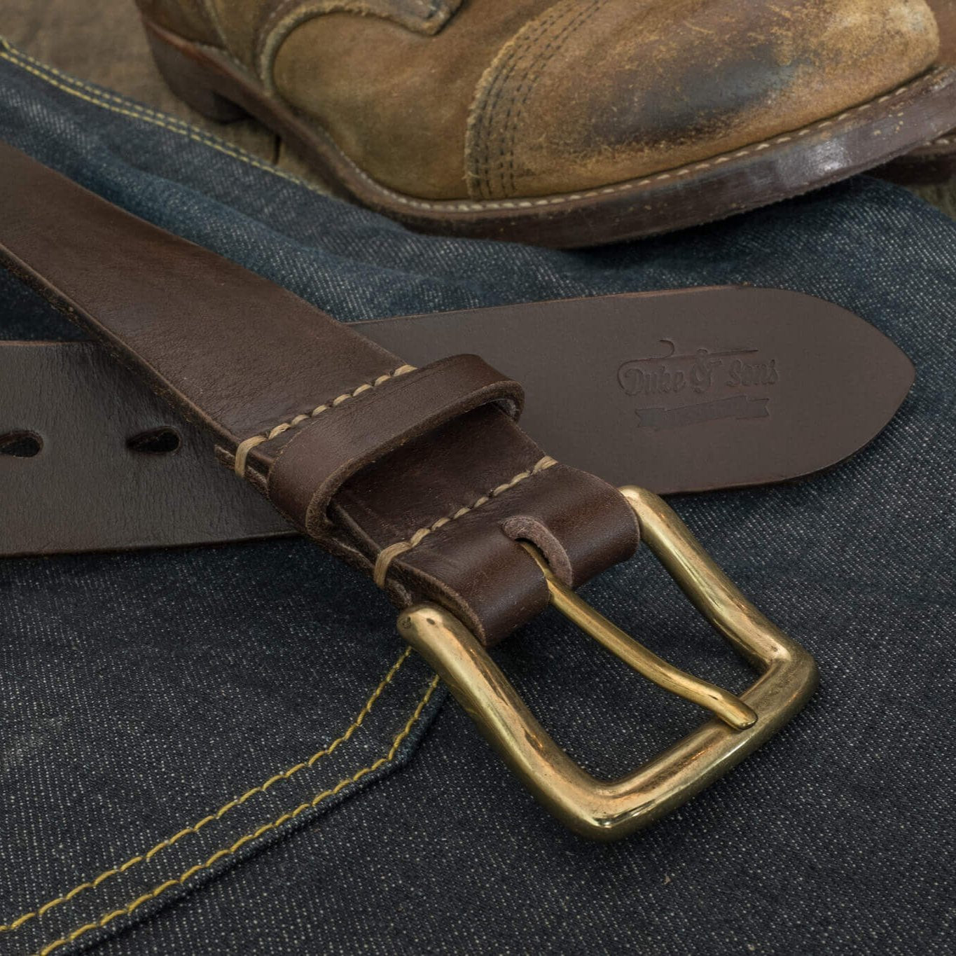 Belt, dark brown color, vegetan leather, hand stitched. solid brass buckle, 40mm (1.57") - Duke & Sons Leather