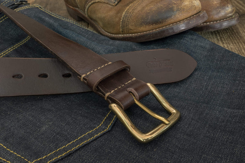 Belt, dark brown color, vegetan leather, hand stitched. solid brass buckle, 40mm (1.57") - Duke & Sons Leather