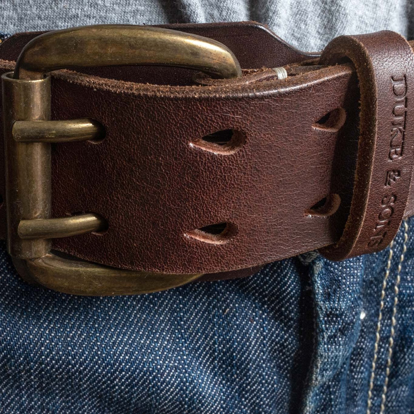 Heavy Duty leather belt in dark brown with extra belt loop, wearing on a jeans. Duke & Sons Leather, front view