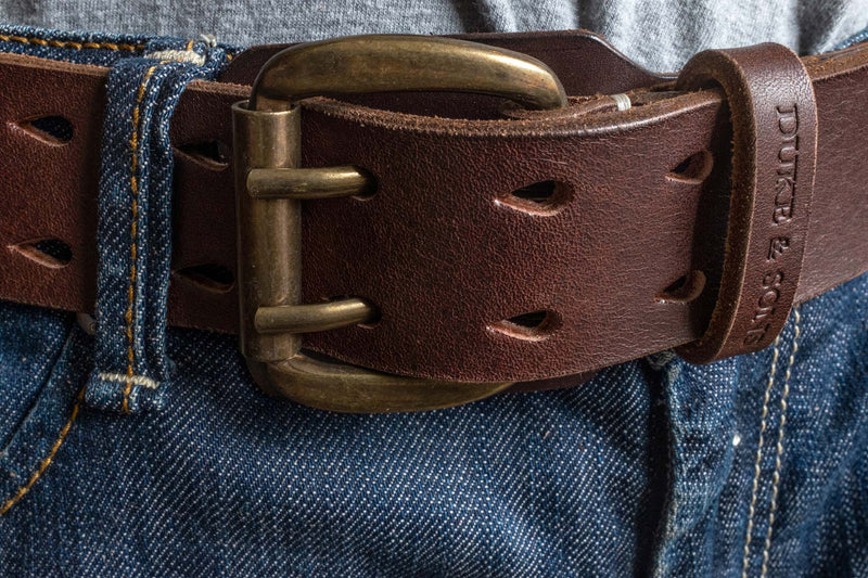 Heavy Duty leather belt in dark brown with extra belt loop, wearing on a jeans. Duke & Sons Leather, front view