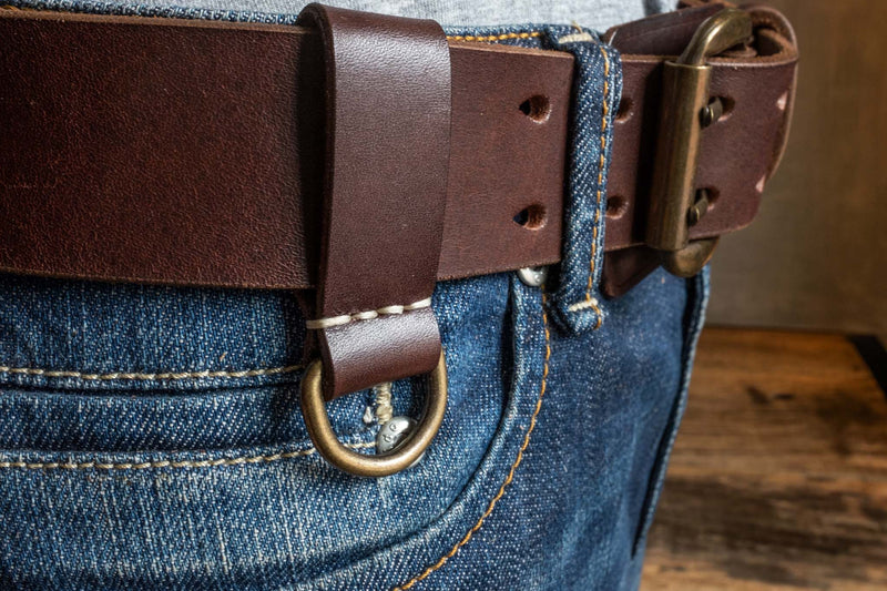 Heavy Duty leather belt in dark brown with extra belt loop, wearing on a jeans. Duke & Sons Leather
