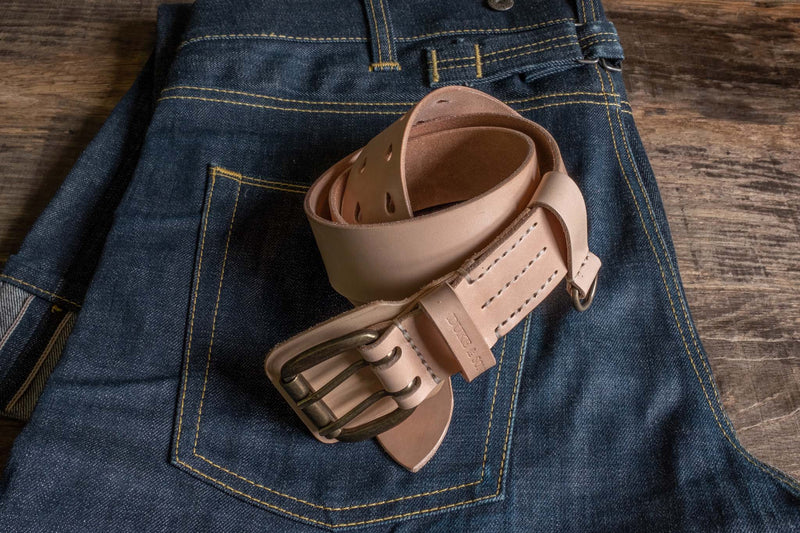 Heavy Duty, natural leather belt with extra belt loop, on a jeans. Duke & Sons Leather