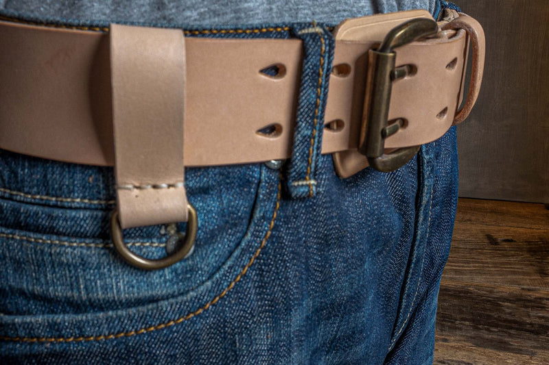Heavy Duty, natural leather belt with extra belt loop, wearing on a jeans. Duke & Sons Leather