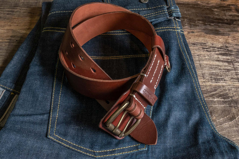 Heavy Duty leather belt in red brown with extra belt loop, on a jeans. Duke & Sons Leather