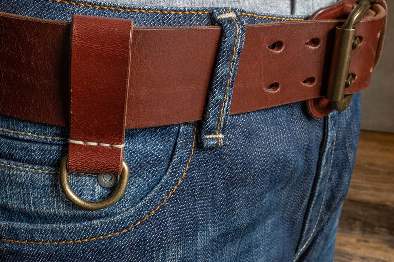 Heavy Duty leather belt in red brown with extra belt loop, wearing on a jeans. Duke & Sons Leather