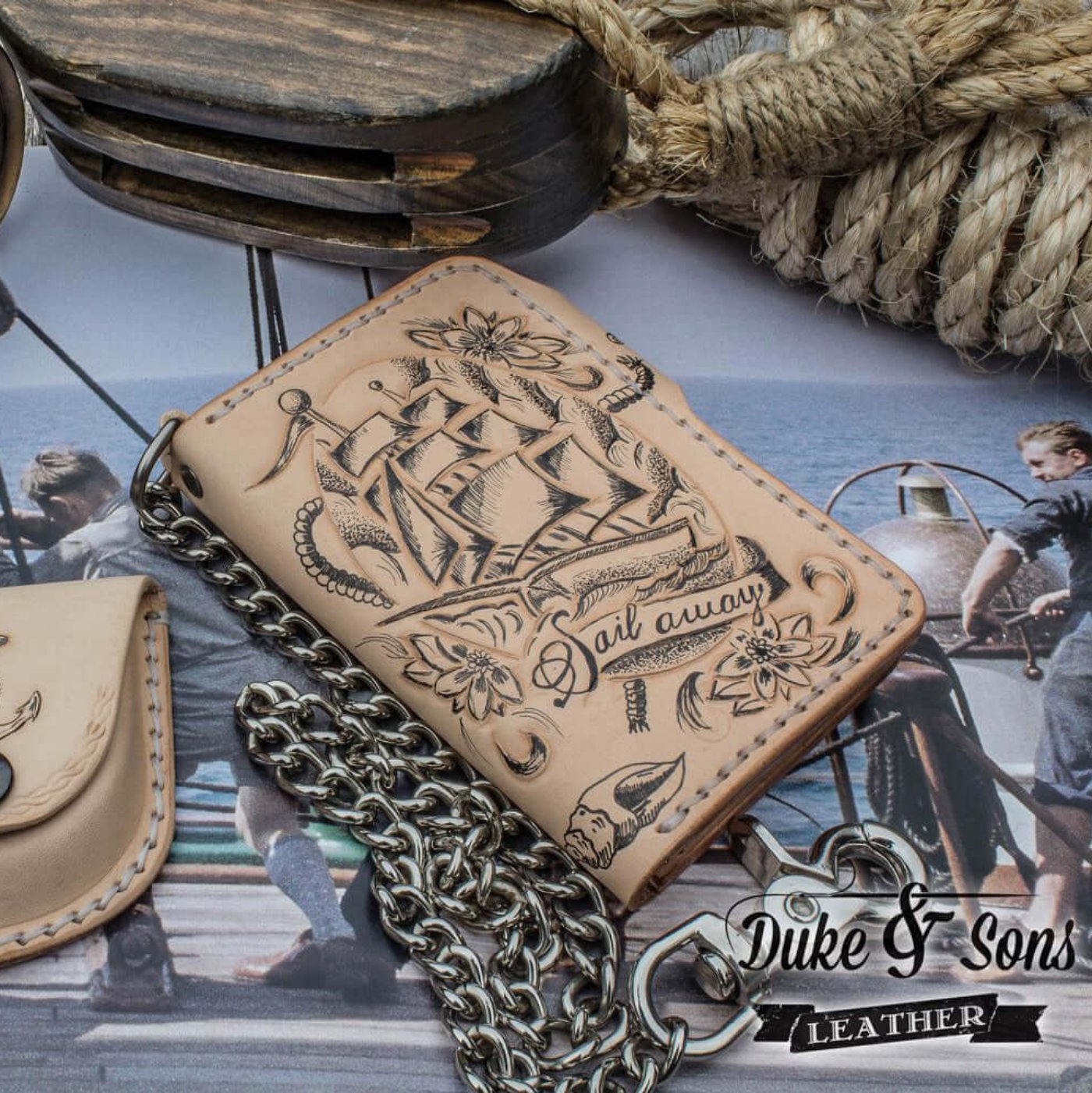 Wallet, with custom made leatherwork and bronze chain. - Duke & Sons Leather